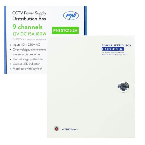 PNI STC15.2A Захранване за видеонаблюдение в метална кутия 12V 15A 180W 9 изхода - Image 2