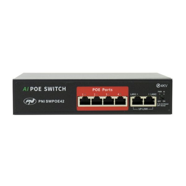 PNI SWPOE42 PoE Суич 4 PoE 100 Mbps порта и 2 UP Link 100 Mbps порта 65W AI Extend функция до 250M 4kV защита от мълнии - Image 2