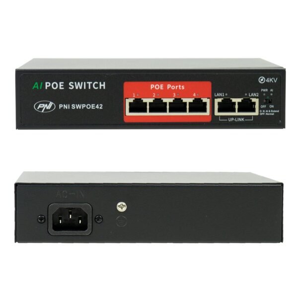 PNI SWPOE42 PoE Суич 4 PoE 100 Mbps порта и 2 UP Link 100 Mbps порта 65W AI Extend функция до 250M 4kV защита от мълнии - Image 6