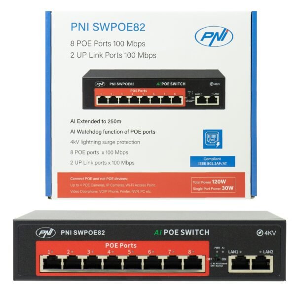 PNI SWPOE82 PoE Суич 8 PoE 100 Mbps порта и 2 UP Link 100 Mbps порта 120W AI Extend функция до 250M 4kV защита от мълнии