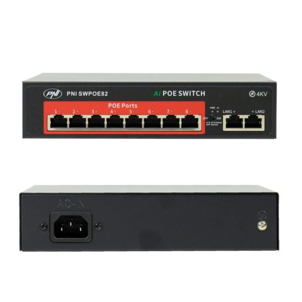 PNI SWPOE82 PoE Суич 8 PoE 100 Mbps порта и 2 UP Link 100 Mbps порта 120W AI Extend функция до 250M 4kV защита от мълнии - Image 2