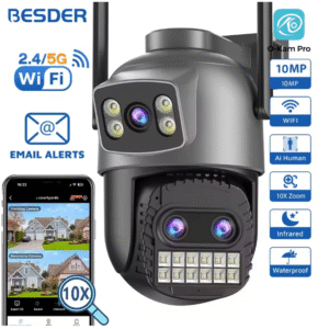 BESDER 10MP WiFi IP Камера PTZ За външно наблюдение с Двоен дисплей 10X Дигитално увеличение Детекция на хора